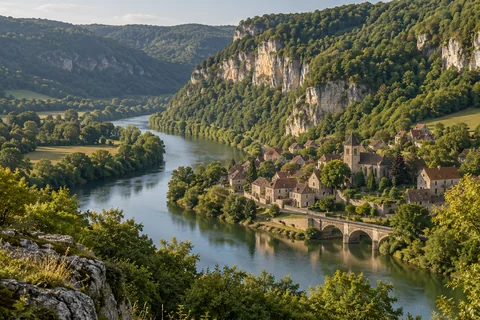 Vallée verdoyante et village de pierre, inspirés de la Bourgogne-Franche-Comté