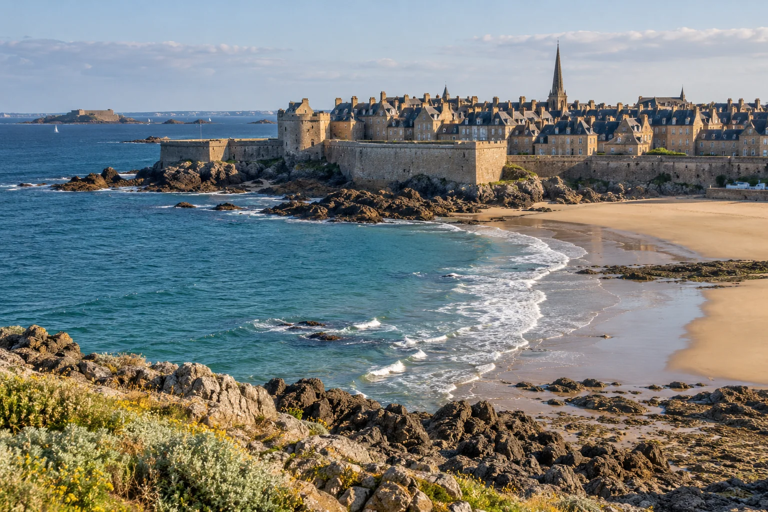 Remparts de granite et plage sur le littoral breton