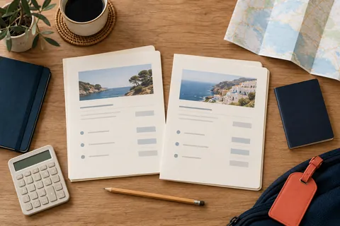 Illustration créée par IA : deux propositions de voyage comparées sur une table