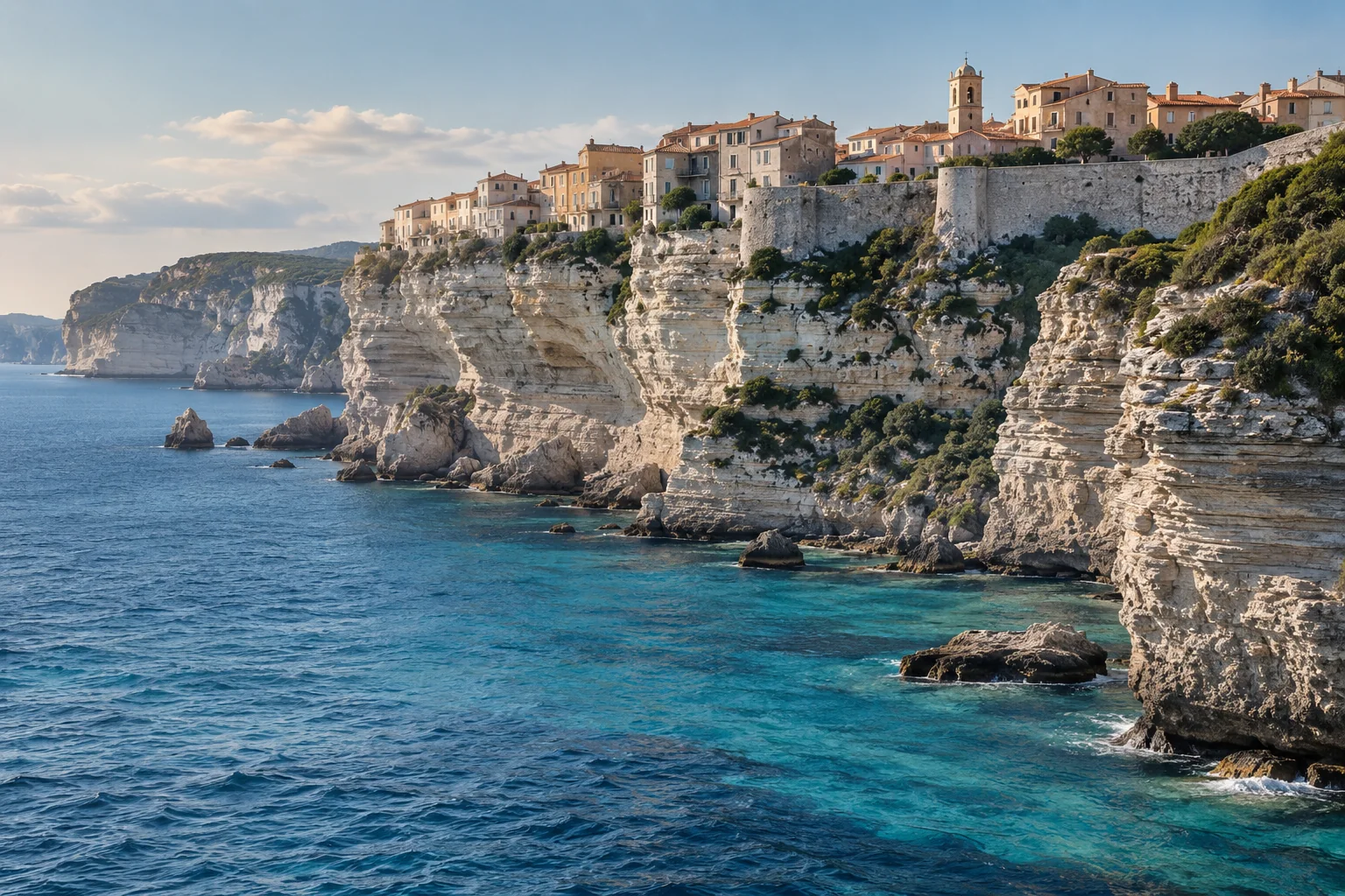 Ville perchée sur des falaises calcaires du littoral corse
