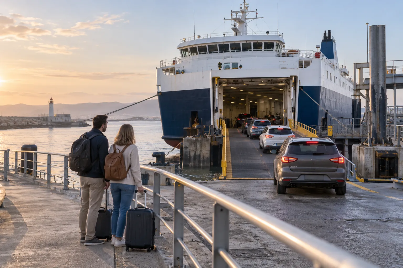 Illustration créée par IA : préparation de l’embarquement sur un ferry dans un port fictif