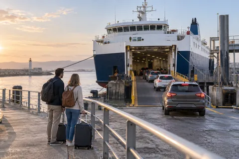 Illustration créée par IA : embarquement de passagers et véhicules sur un ferry dans un port fictif
