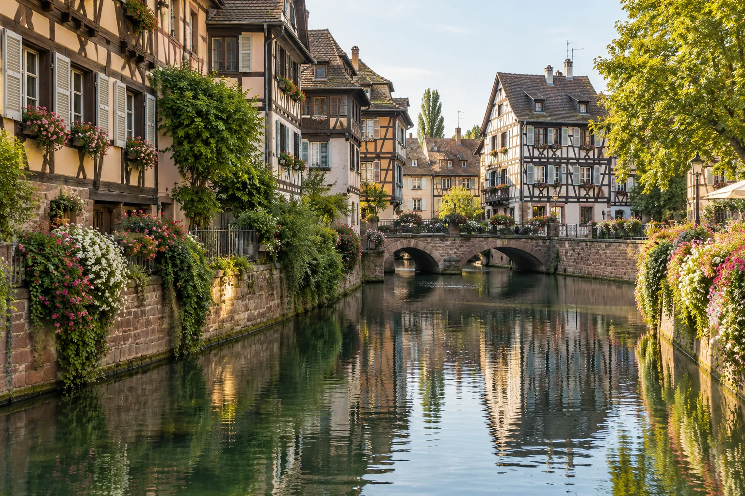 Canal bordé de maisons à colombages, inspiré de l’Alsace