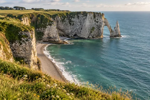 Falaises de craie et arche naturelle sur le littoral normand
