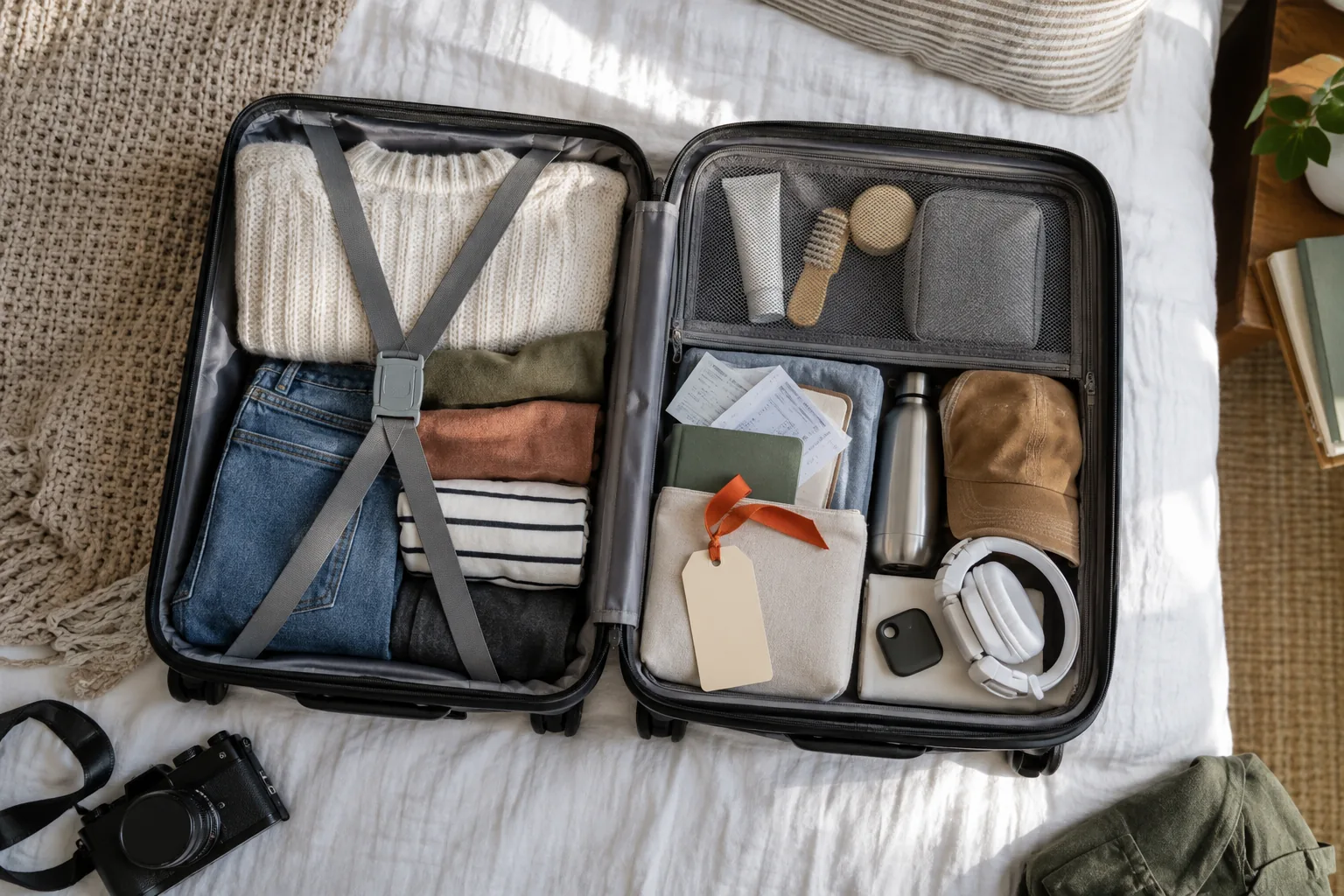 Valise préparée avec étiquette distinctive, essentiels et justificatifs de voyage