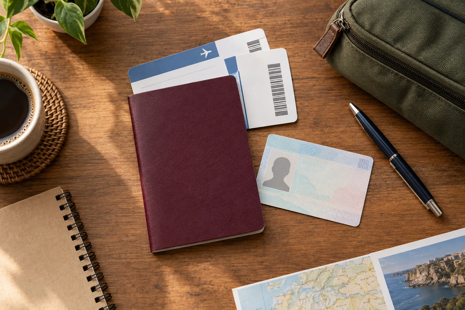 Documents de voyage et checklist de départ préparés sur une table
