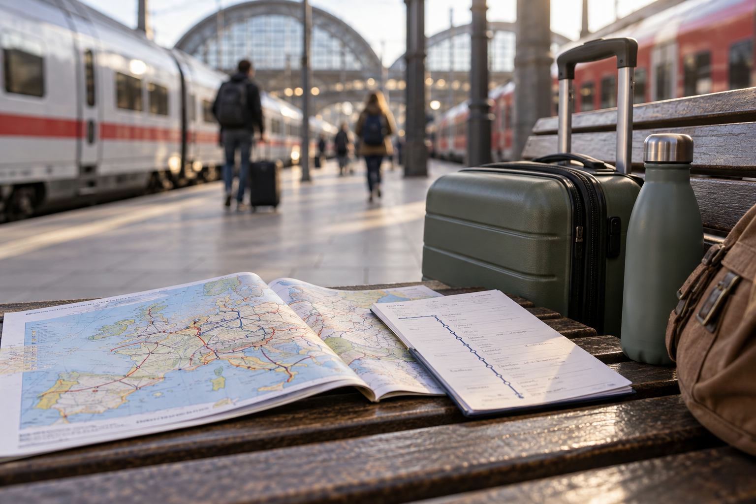 Carte ferroviaire et bagage préparés pour un itinéraire à plusieurs étapes