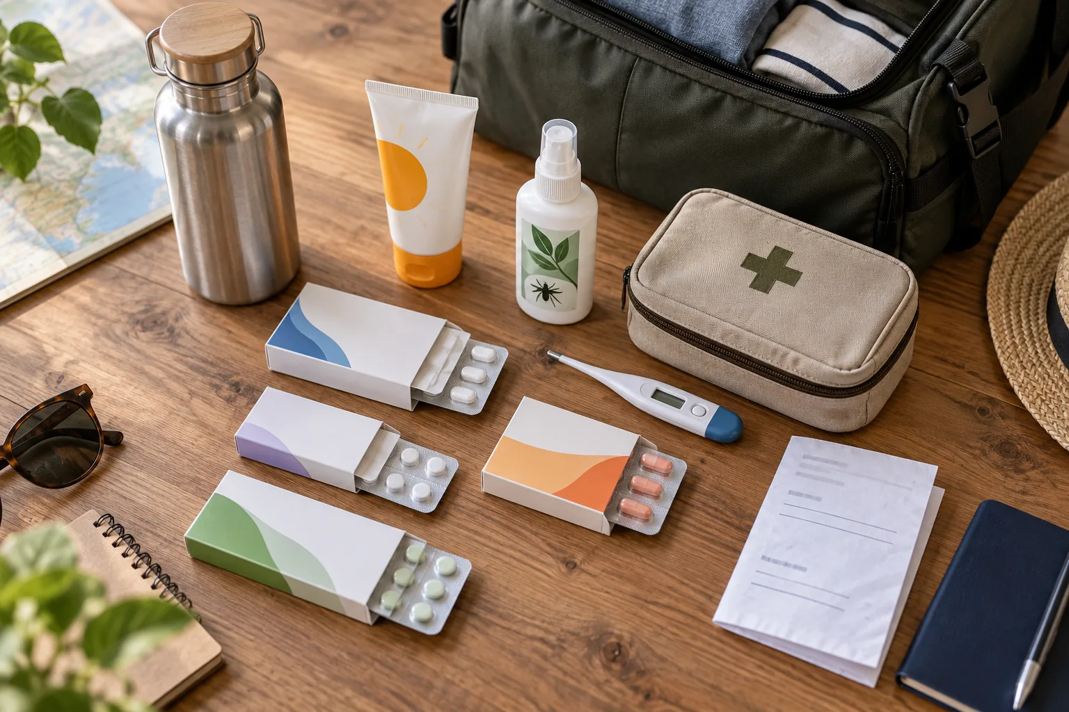 Trousse de santé et documents préparés avant un voyage