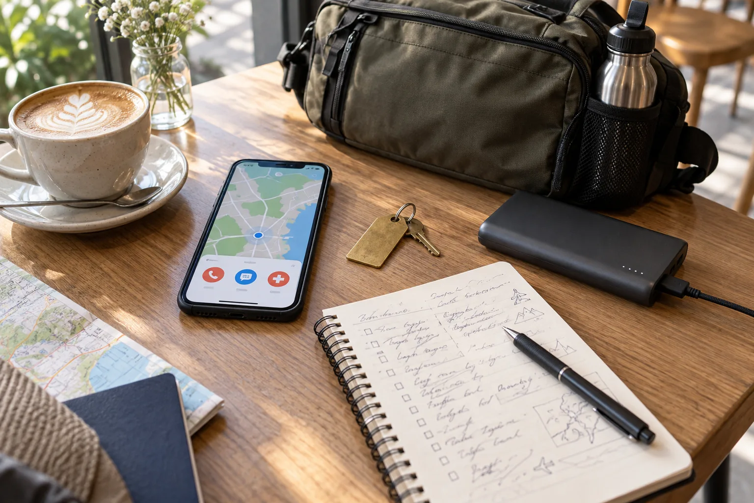 Carte hors ligne, batterie et itinéraire préparés pour un voyage solo