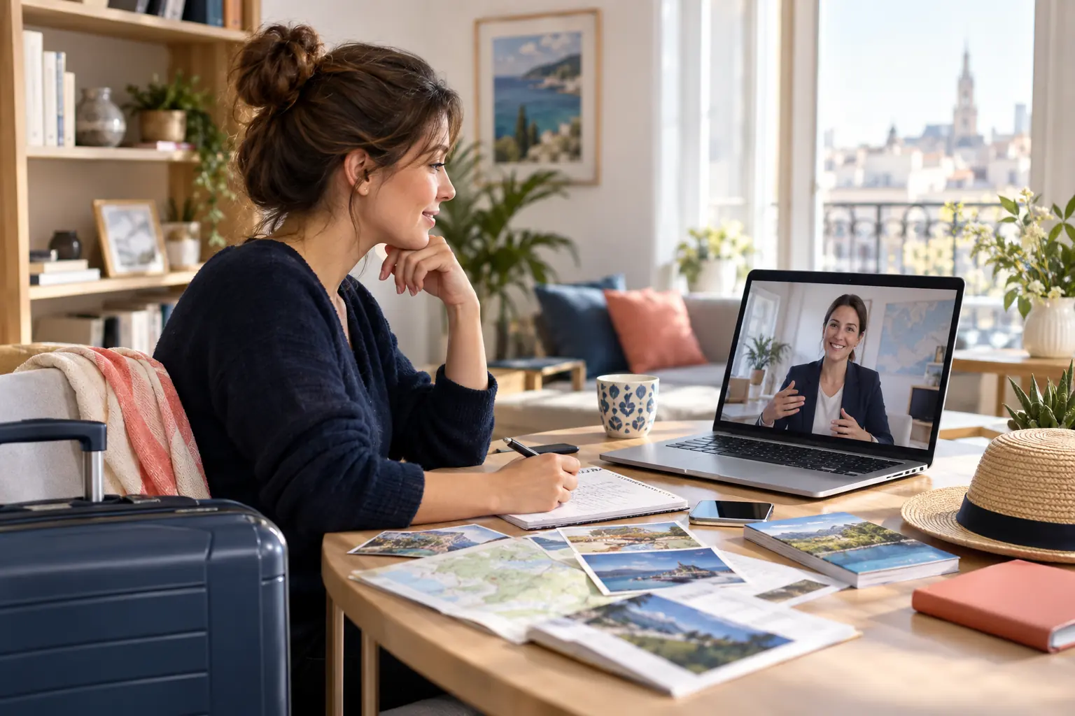Voyageuse en visioconférence avec une conseillère en voyages