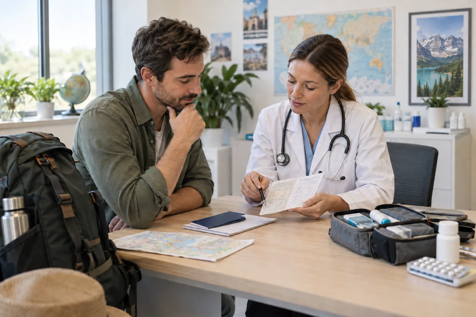 Voyageuse préparant sa santé et sa pharmacie avec un professionnel avant le départ