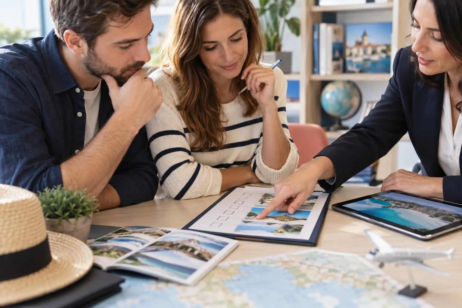 Couple vérifiant une proposition de voyage point par point
