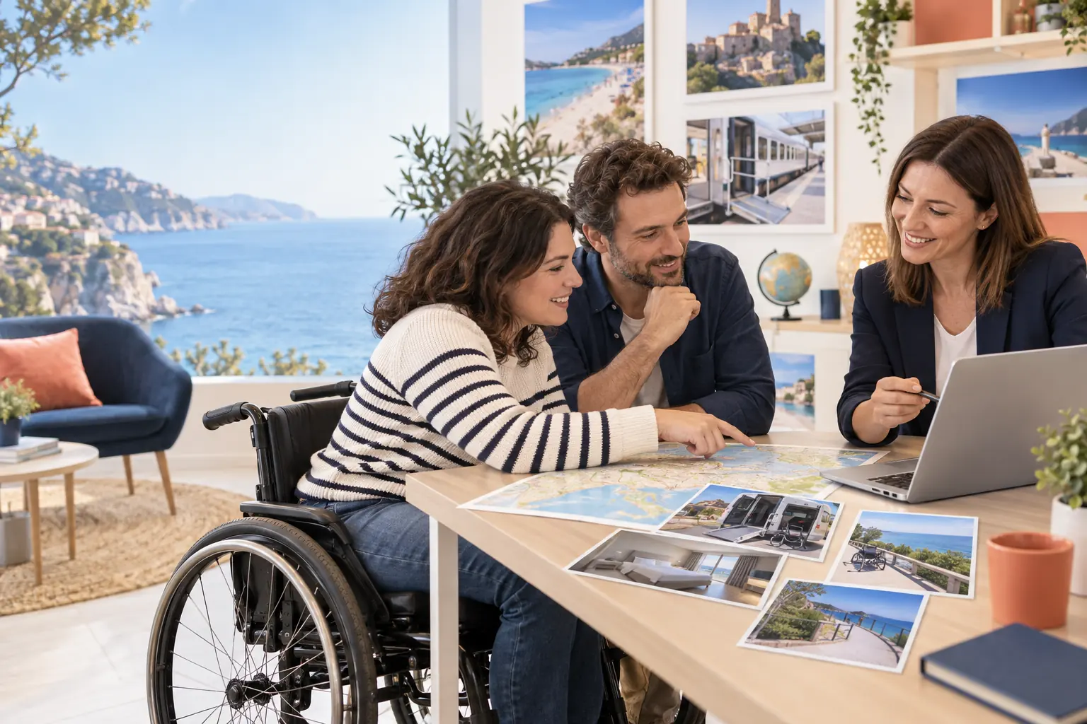 Voyageuse en fauteuil roulant préparant un séjour accessible avec une conseillère