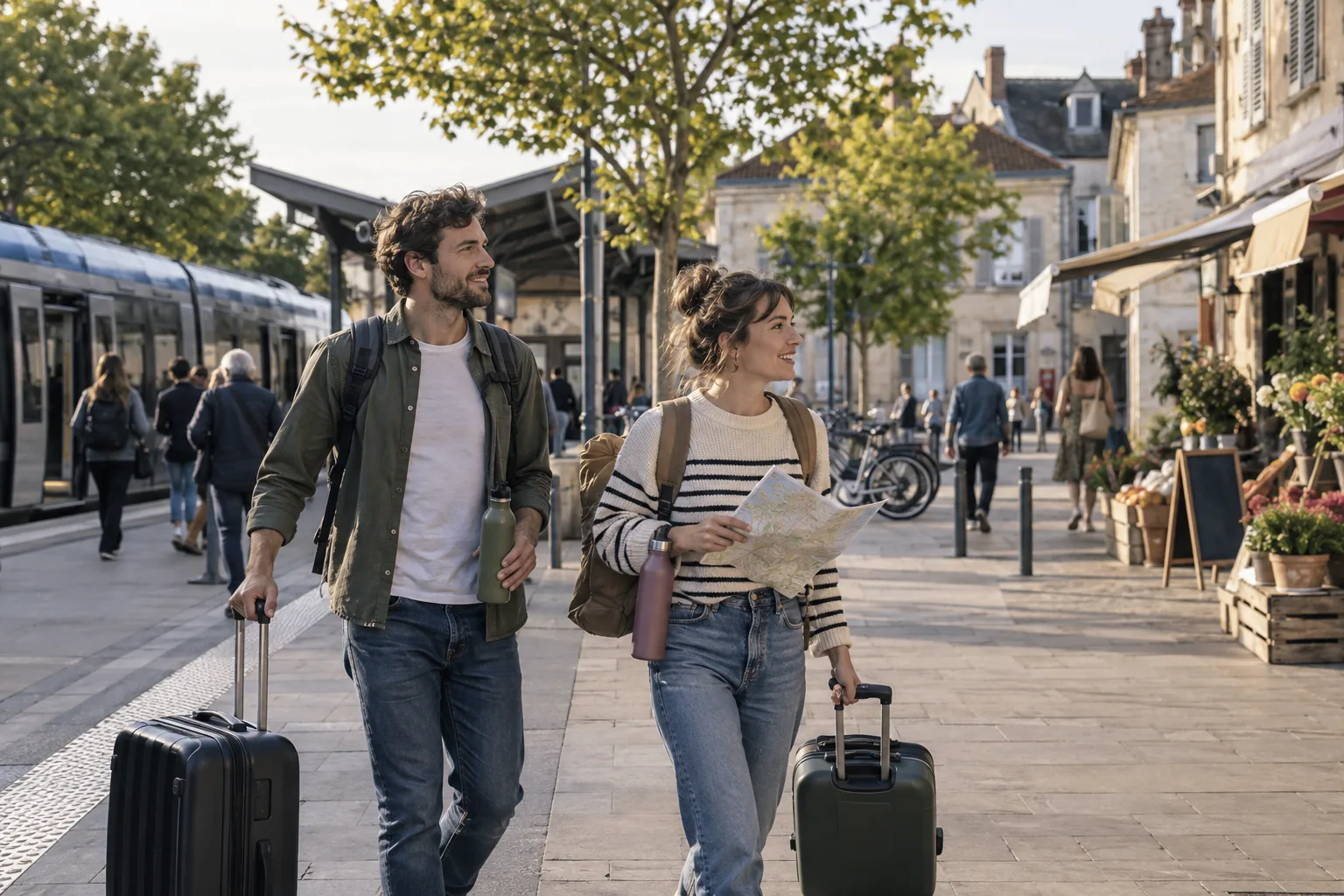 Voyageurs arrivant en train dans une ville française