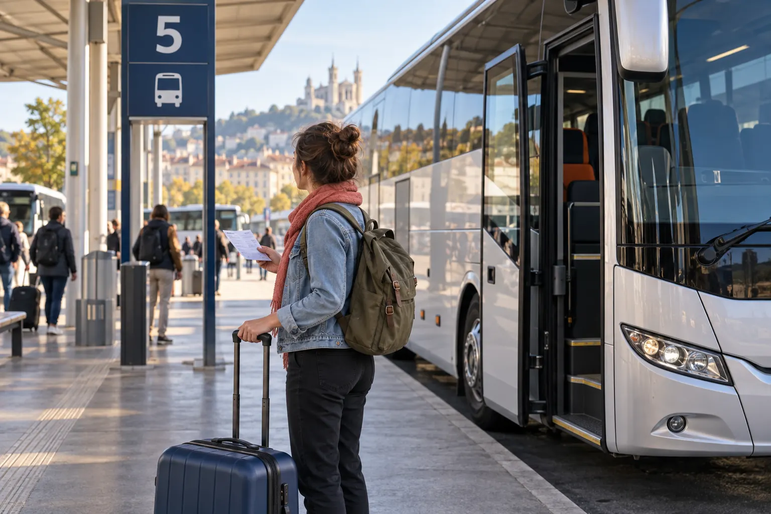 Voyageuse attendant un autocar longue distance en gare routière