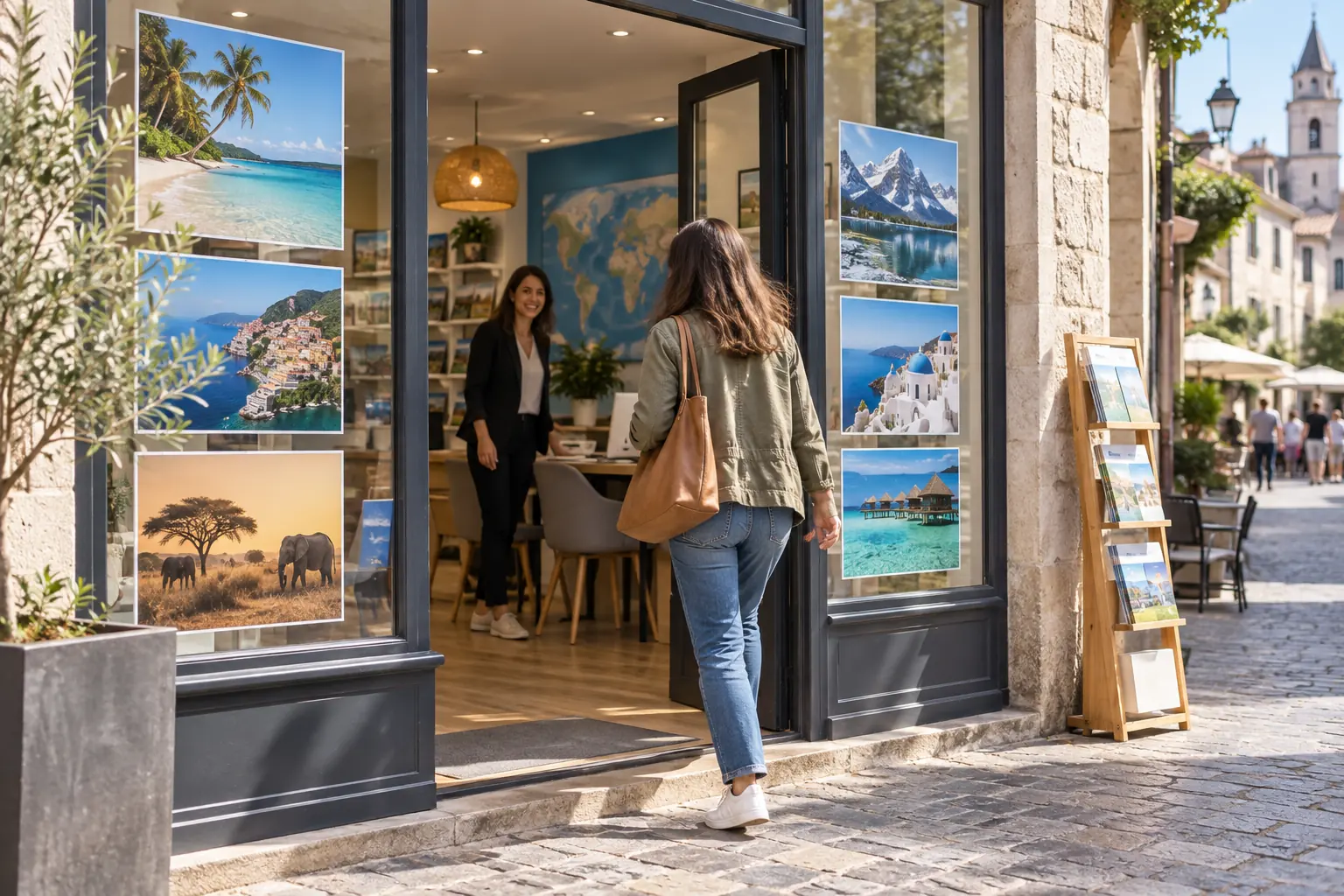 Conseillère accueillant des voyageurs dans une agence