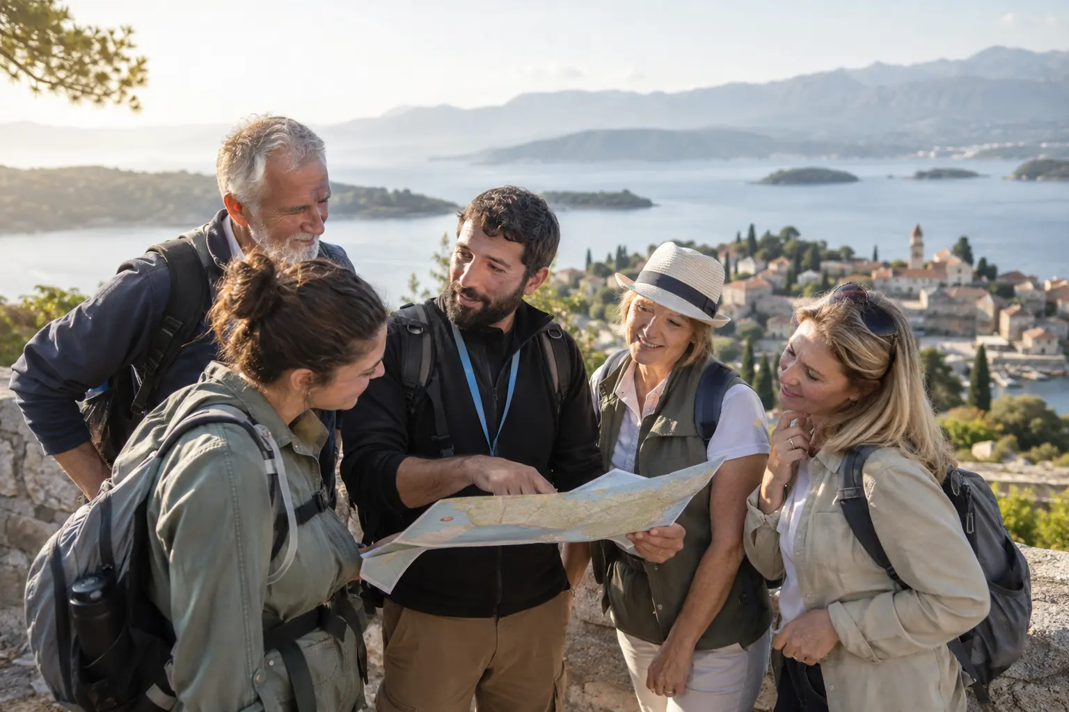 Voyageurs explorant un paysage côtier pendant un circuit